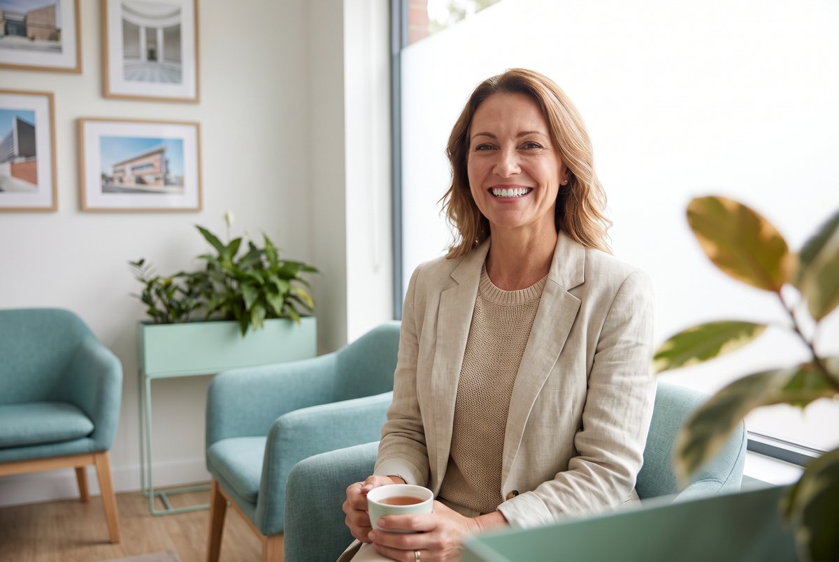 A confident adult smiling naturally in a calm dental office