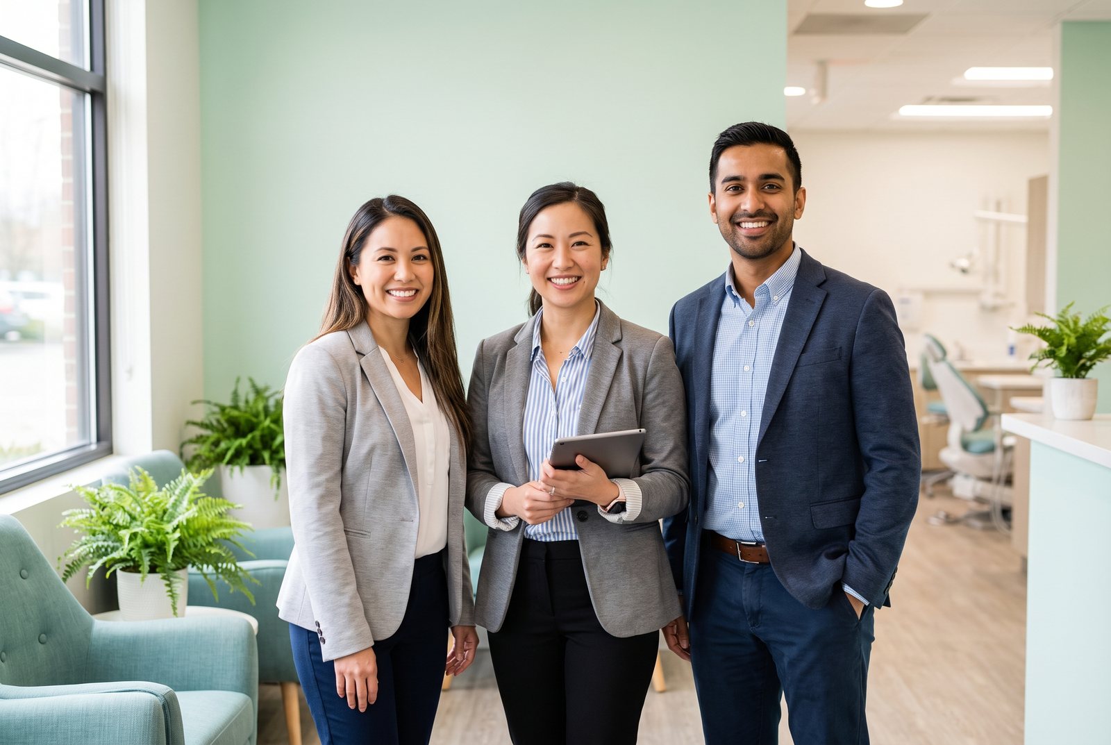 Two friendly dental professionals in a bright modern clinic
